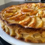 Nahaufnahme von Omas versunkenem Apfelkuchen, goldbraun und mit Apfelscheiben dekoriert.