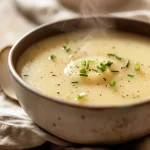 Eine cremige Kartoffel-Lauch-Suppe in einer Schüssel, garniert mit frischem Schnittlauch.