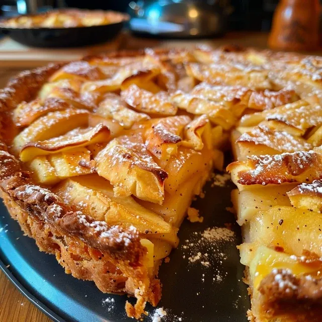 Seiteansicht von einem saftigen Apfelkuchen auf einem Teller, mit Puderzucker bestäubt.