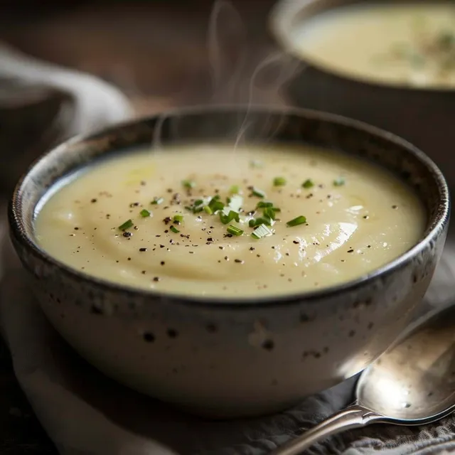 Nahaufnahme einer dampfenden Schüssel Kartoffel-Lauch-Suppe mit einer glatten, cremigen Textur.