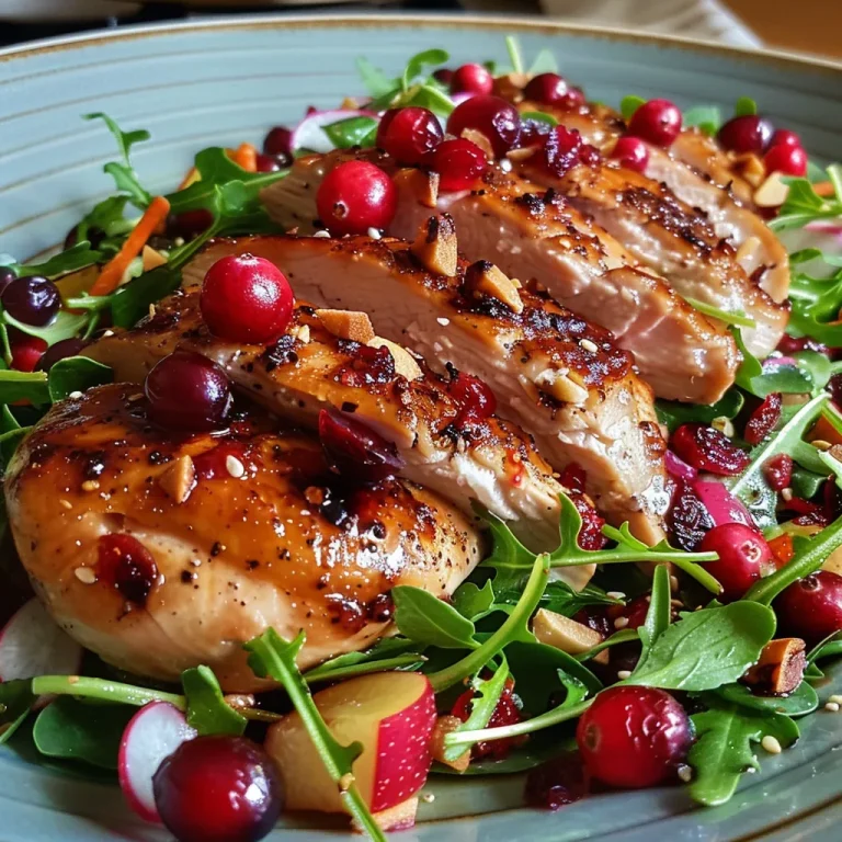 Nahaufnahme eines asiatischen Hähnchen-Cranberry-Salats mit frischen Zutaten.