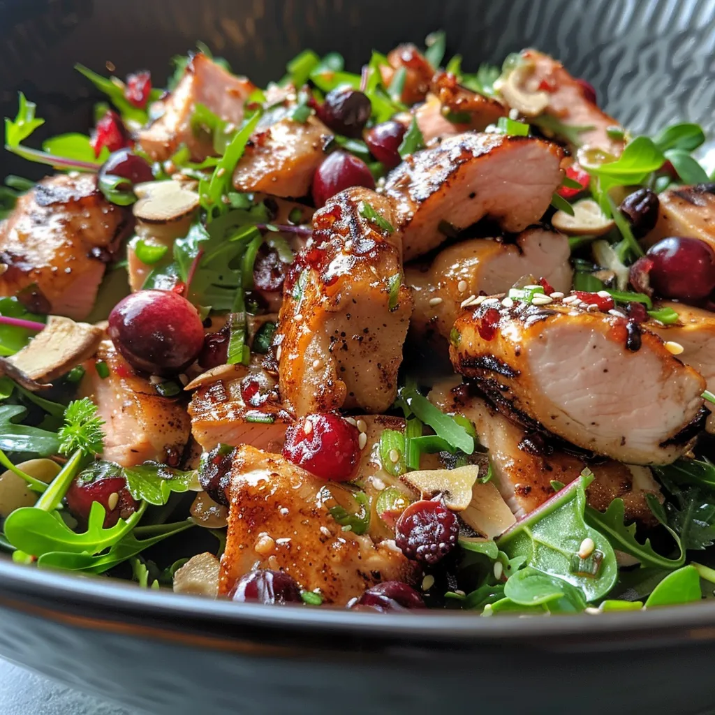 Seitenansicht eines bunten Hähnchen-Cranberry-Salats mit knackigem Gemüse.