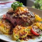 Nahaufnahme eines herzhaften Kartoffel-Hackfleisch-Auflaufs in einer Auflaufform.