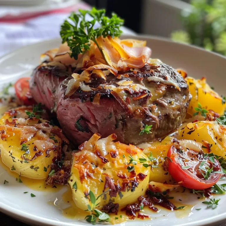 Nahaufnahme eines herzhaften Kartoffel-Hackfleisch-Auflaufs in einer Auflaufform.