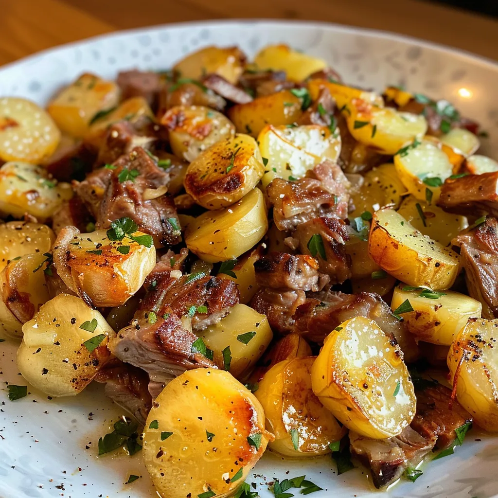 Seiteansicht eines goldbraun gebackenen Auflaufs mit Kartoffeln und Hackfleisch.