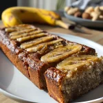 Nahaufnahme eines saftigen Bananenbrots mit Joghurt, in einer Seitenansicht.