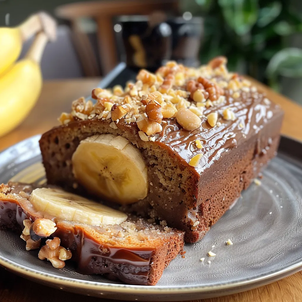 Seiteansicht eines frisch gebackenen Bananenbrotes auf einem Tisch.