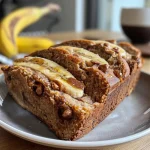 Nahaufnahme eines saftigen Bananenbrots mit einer goldbraunen Kruste.