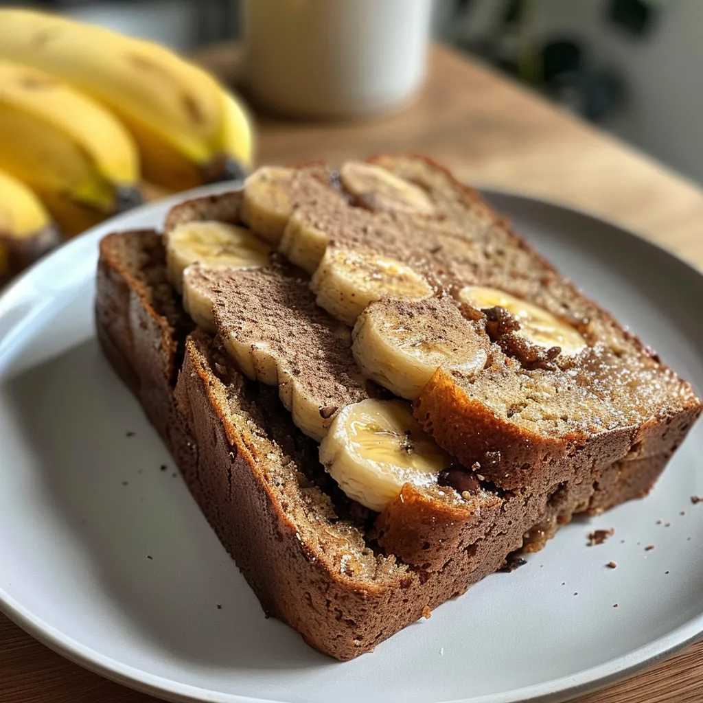 Seitenansicht von Low Carb Bananenbrot auf einem Teller.