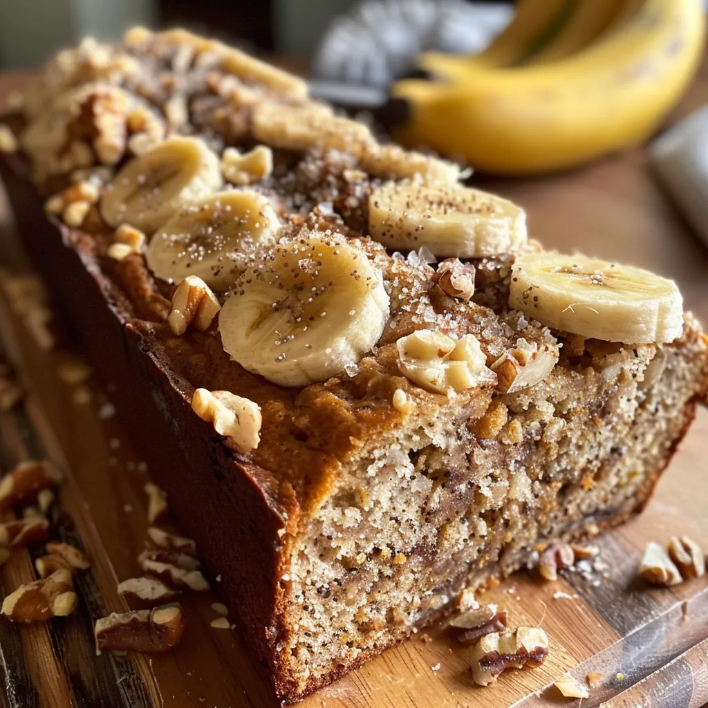Seiteansicht eines saftigen Bananenbrots, dekoriert mit Bananenscheiben.