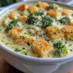 Nahaufnahme einer köstlichen Brokkoli Käse-Suppe in einer weißen Schüssel.