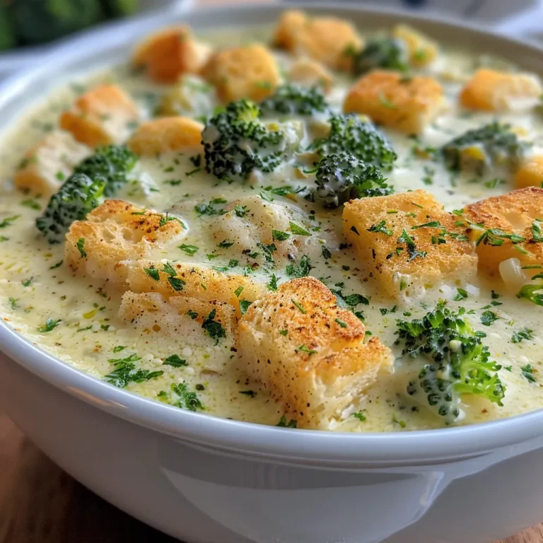 Nahaufnahme einer köstlichen Brokkoli Käse-Suppe in einer weißen Schüssel.