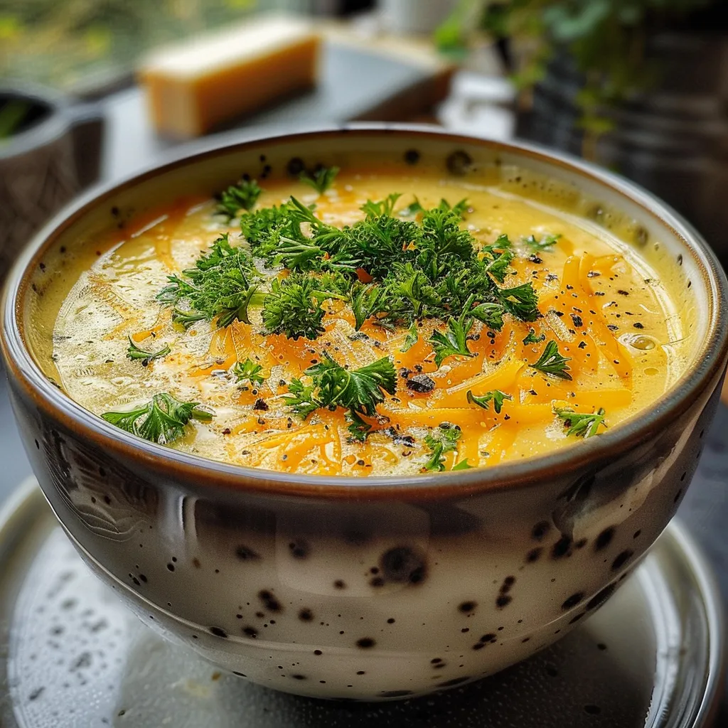 Seitenansicht einer dampfenden Brokkoli Käse Suppe mit Cheddar.