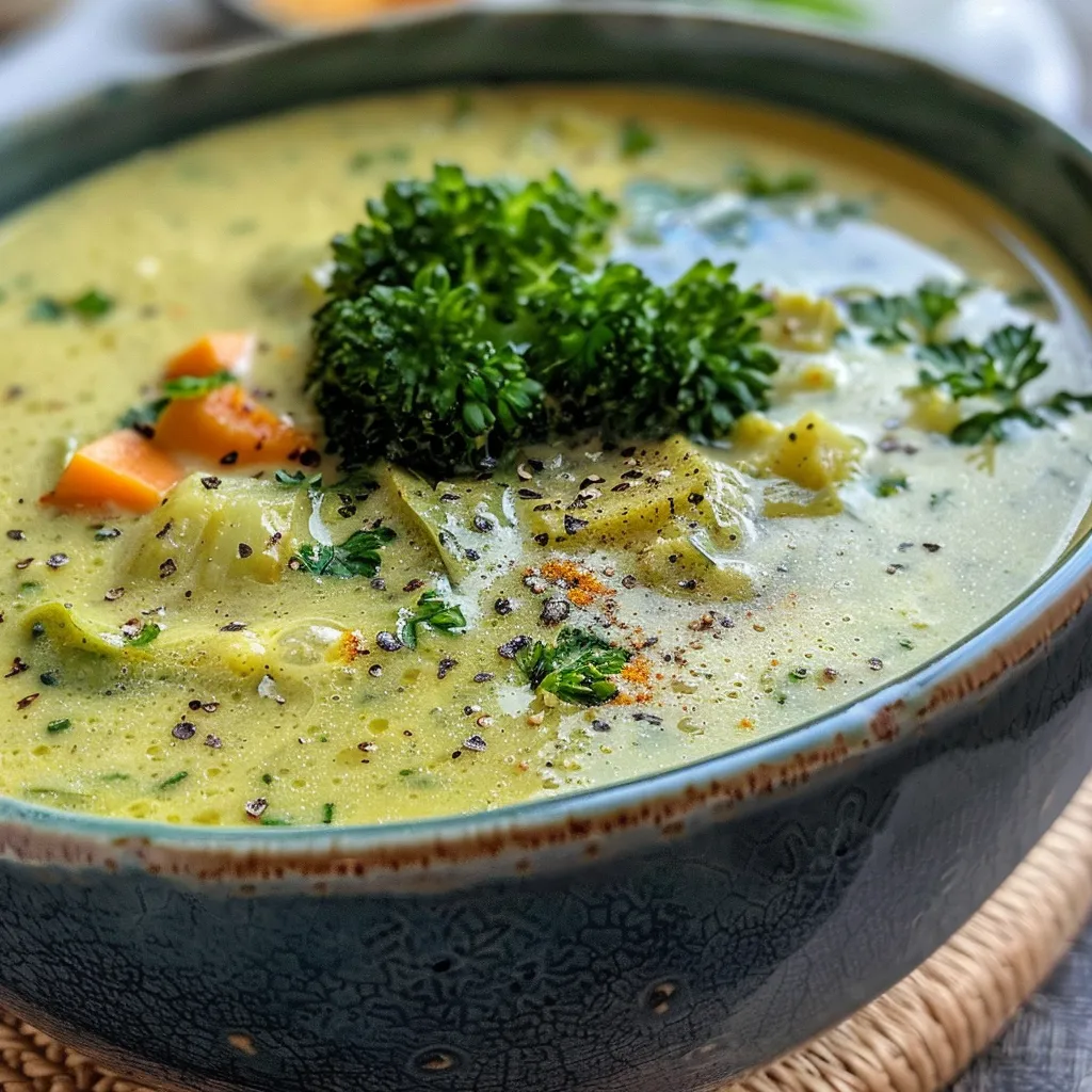 Seiteansicht einer dampfenden, grünen Brokkoli Suppe in einem weißen Teller.