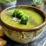 Nahaufnahme einer Schüssel Brokkolisuppe mit frischen Zutaten.