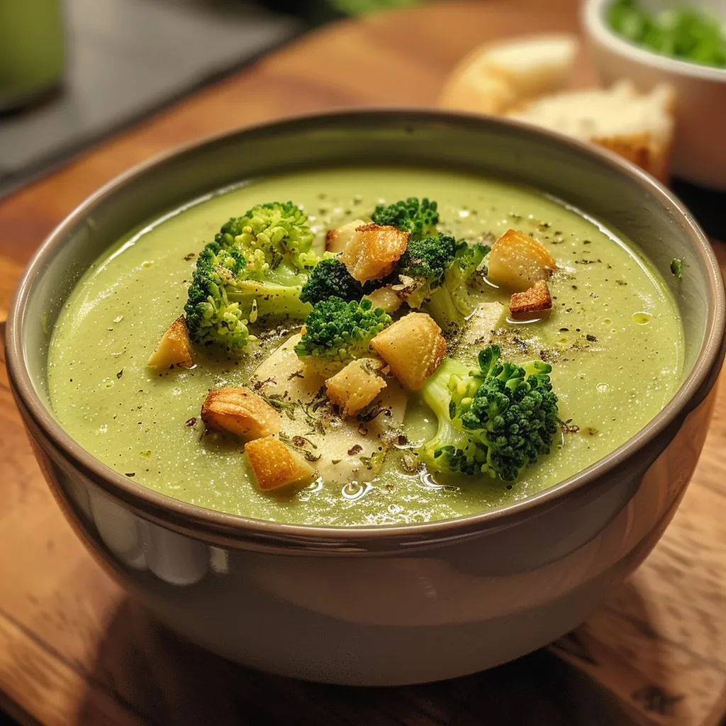 Seiteansicht einer cremigen Brokkolisuppe, serviert in einer weißen Schüssel.