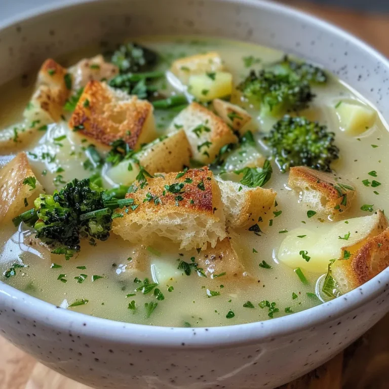 Nahaufnahme von einer cremigen Brokkolisuppe mit Käse und Kartoffeln.