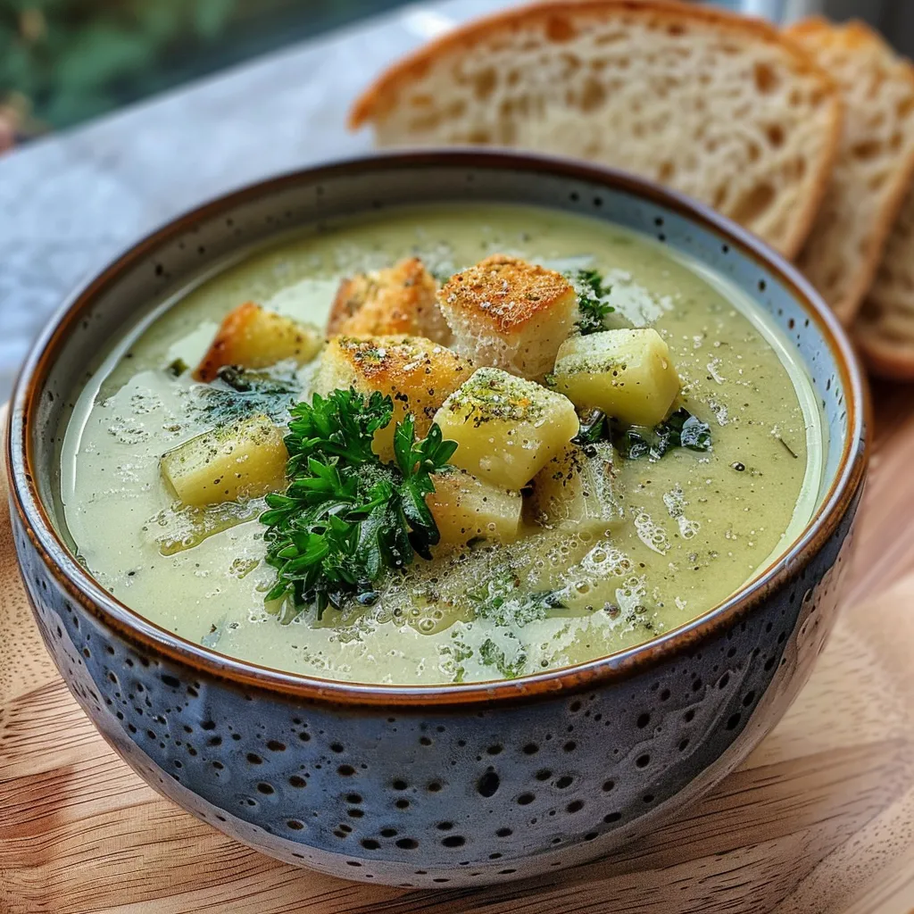 Seiteansicht einer Schüssel Brokkolisuppe, dekoriert mit frischem Schnittlauch.