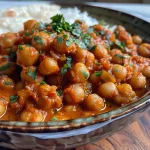 Nahaufnahme von einer Portion Chana Masala in einer Schüssel mit frischen Kräutern.