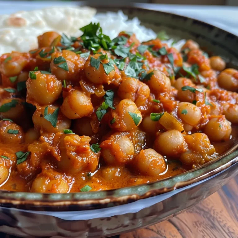 Nahaufnahme von einer Portion Chana Masala in einer Schüssel mit frischen Kräutern.