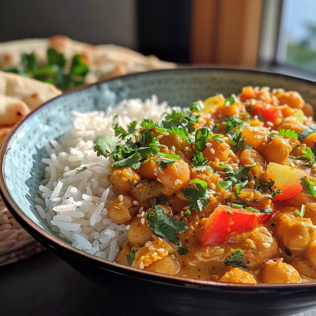 Chana Masala mit Kichererbsen, serviert mit Reis und Zitrone.