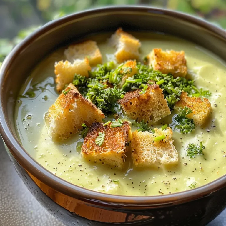 Nahaufnahme einer cremigen Brokkolisuppe mit frischen Brokkoliröschen und Sahne.