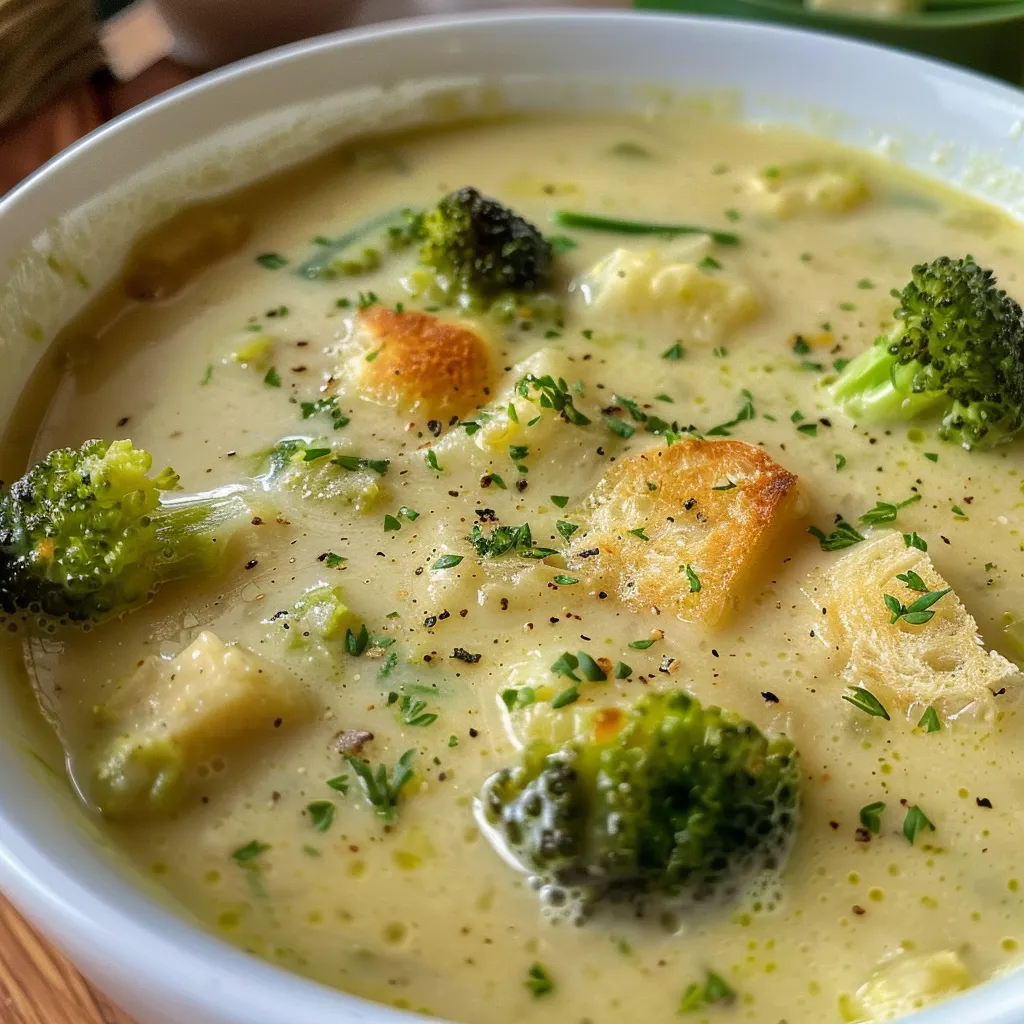 Seitenansicht einer schaumigen Brokkolisuppe in einer weißen Schüssel, dekoriert mit Olivenöl.