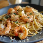 Cremige Garnelen Spaghetti mit Knoblauch und Frischkäse in einer Schüssel.