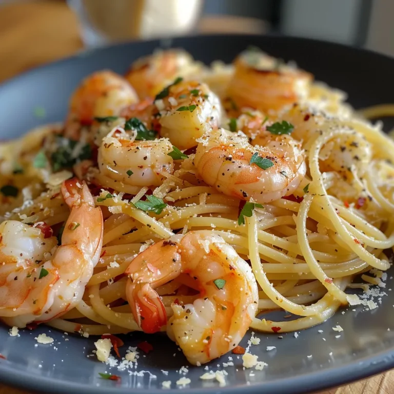 Schnelle Genussmomente: Cremige Garnelen-Spaghetti mit Flair Nähere Ansicht von cremigen Garnelen-Spaghetti mit frischem Parmesan.