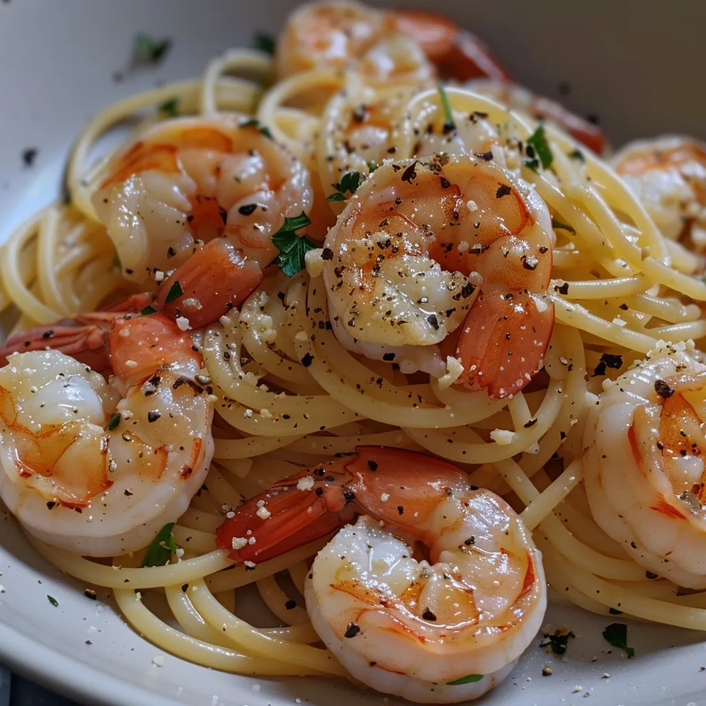 Detailaufnahme von Spaghetti mit Sauce, Garnelen und Kräutern.