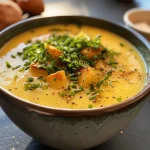 Eine cremige Kartoffelsuppe in einer Schüssel, garniert mit frischem Schnittlauch.