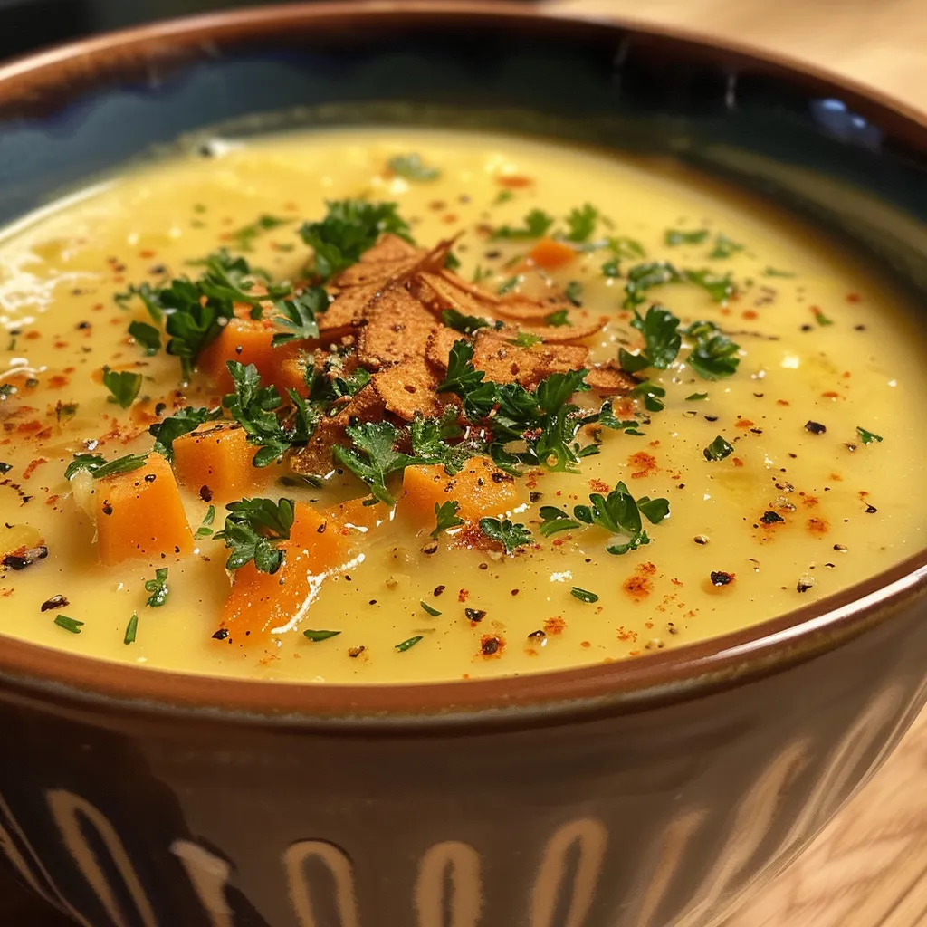 Naheaufnahme von Kartoffelsuppe mit Zwiebeln und Knoblauch, serviert in einer weißen Schüssel.