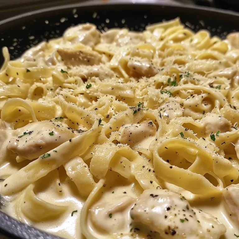 Eine Nahaufnahme von cremiger Knoblauch-Hühnchen Alfredo Pasta mit frischem Spinat, auf einem weißen Teller.