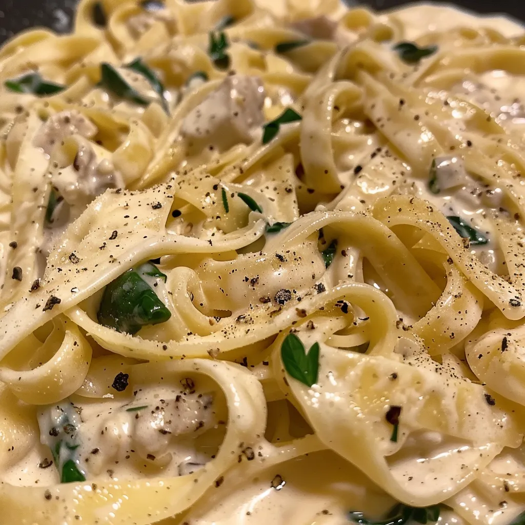 Seiteansicht von Fettuccine Pasta, überzogen mit einer cremigen Knoblauch-Sauce und gebratenem Hähnchen.