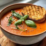 Nahaufnahme einer cremigen Tomatensuppe mit frischen Zutaten.