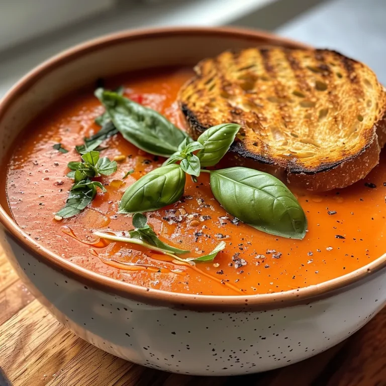 Nahaufnahme einer cremigen Tomatensuppe mit frischen Zutaten.