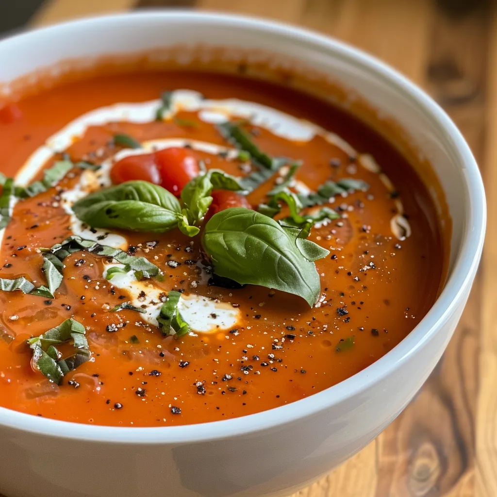 Sideview einer köstlichen Tomatensuppe in einer weißen Schale.