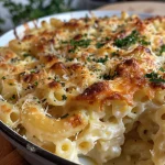 Eine appetitliche Nahaufnahme von cremigem Käse-Nudelauflauf mit goldbraunem Käsebelag.