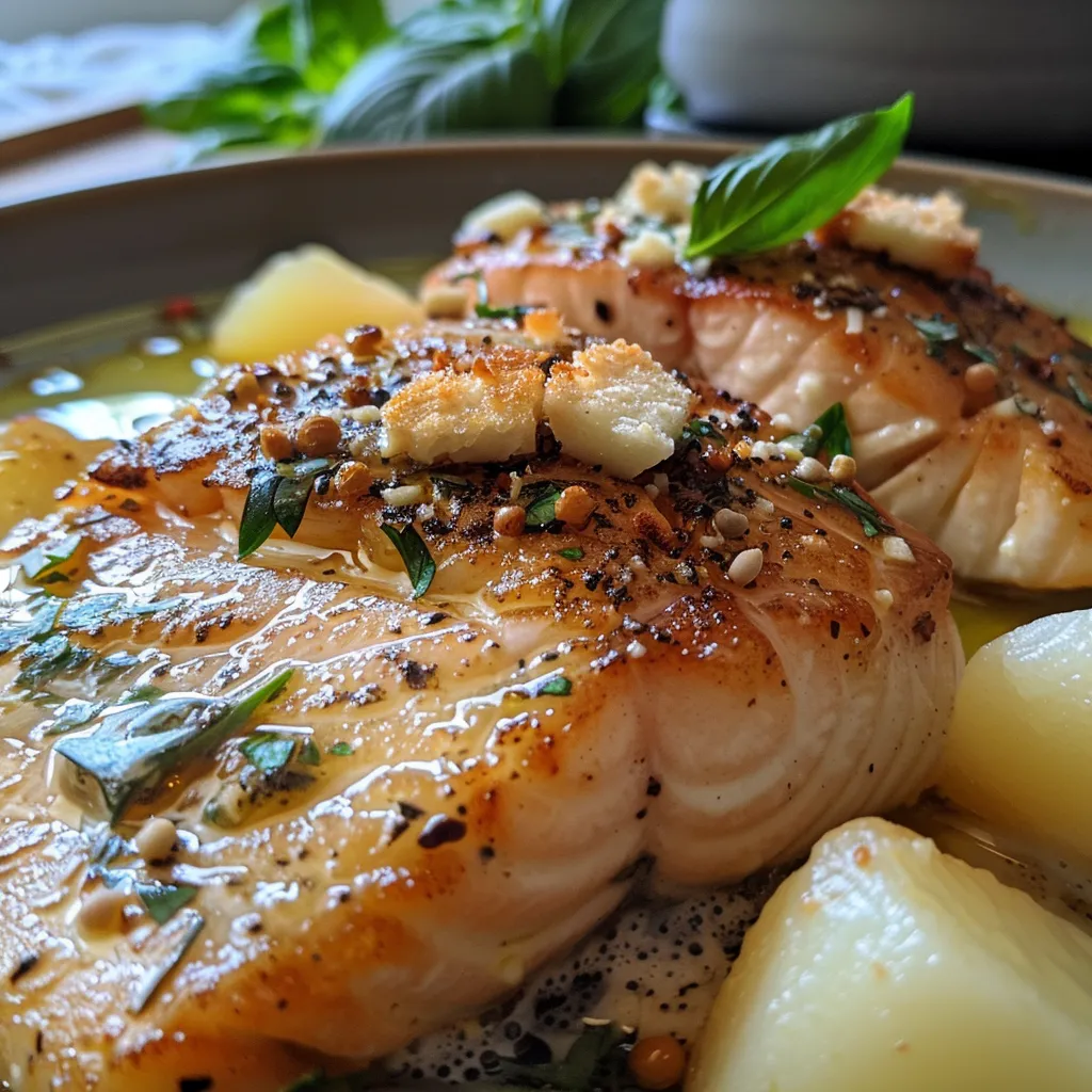 Seitenansicht eines Lachsgerichts, das mit frischen Kräutern und cremiger Sauce garniert ist.