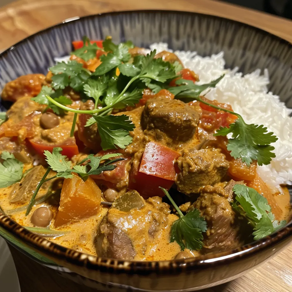 Sideview von cremigem Erdnuss-Curry mit frischen Zutaten.