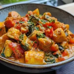 Nahaufnahme von Einfachem Gemüse-Ei-Rührei mit buntem Gemüse.