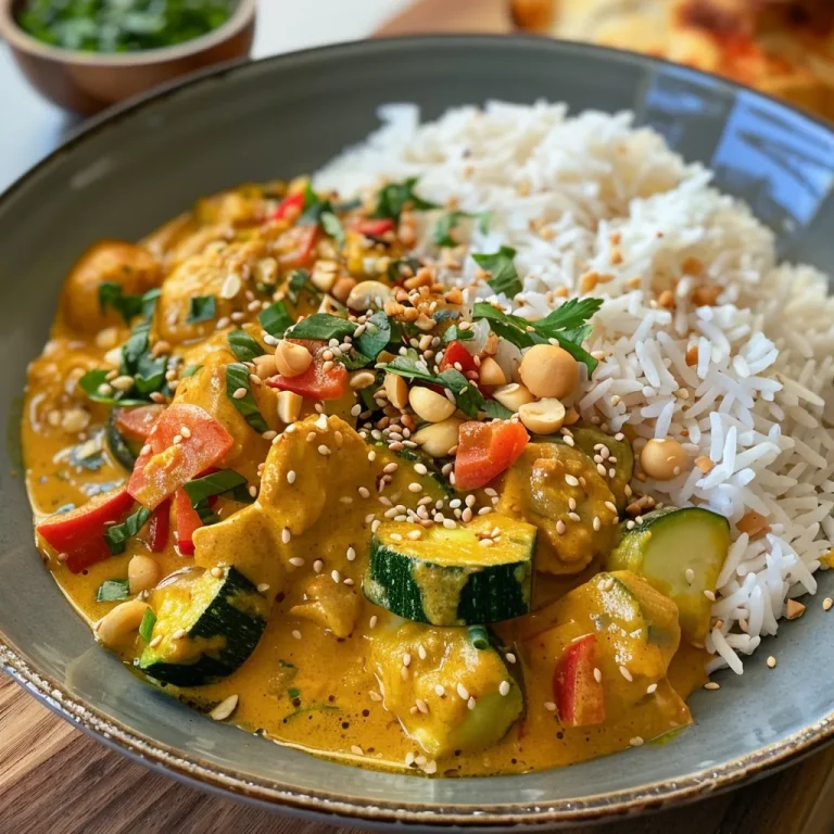 Nahaufnahme eines Gelben Thai Currys mit Gemüse und Kichererbsen in einer Schüssel.