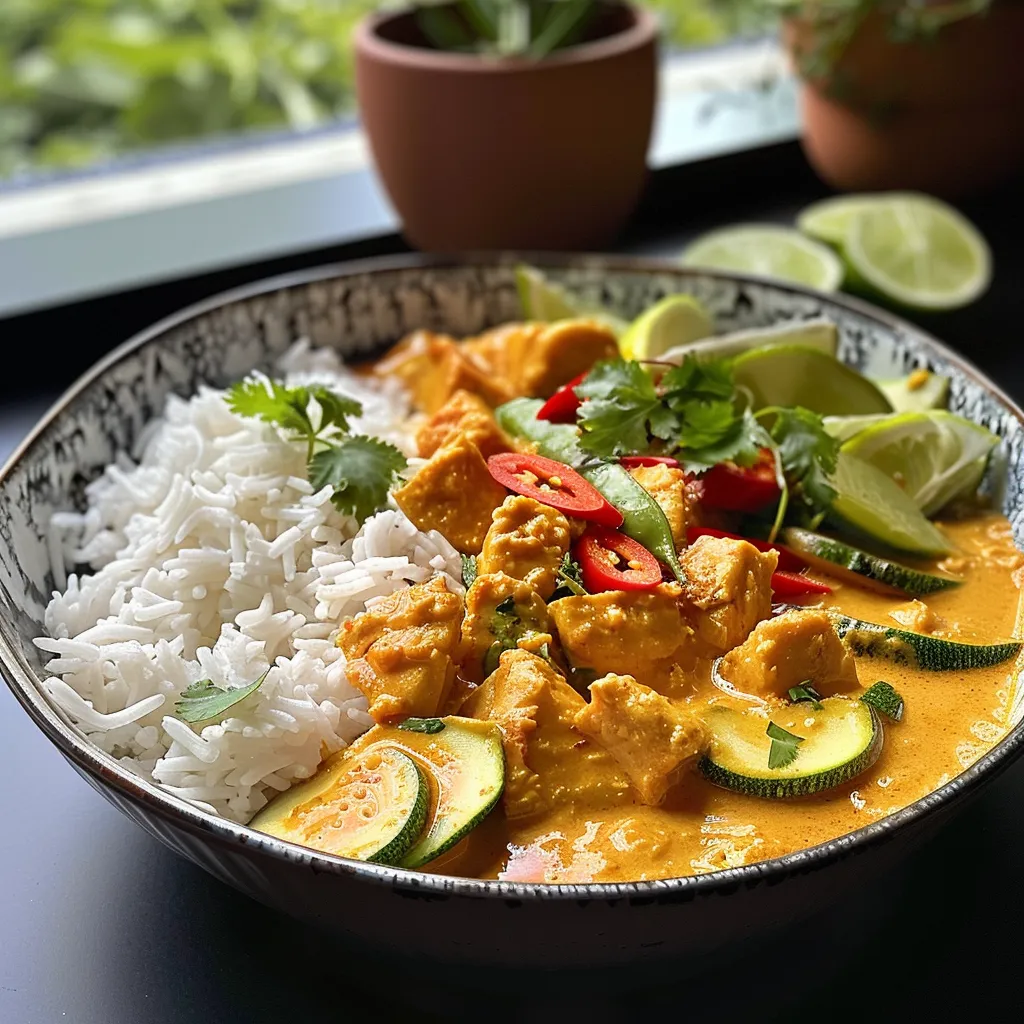 Seiteansicht eines bunten Gelben Thai Currys mit frischem Gemüse und Gewürzen.