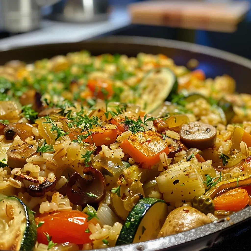 Saftige Gemüse Reispfanne mit Reis, Paprika und Zucchini in einer Schüssel.