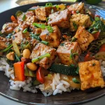 Nahaufnahme einer Gemüsepfanne mit Reis, Tofu und buntem Gemüse.