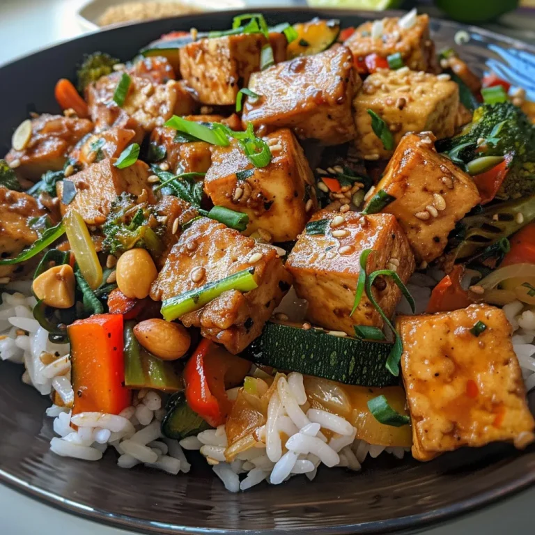 Nahaufnahme einer Gemüsepfanne mit Reis, Tofu und buntem Gemüse.