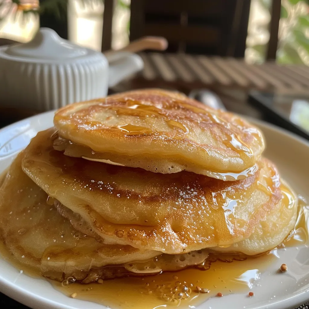 Seitenansicht von saftigen Haferflocken-Pfannkuchen auf einem weißen Teller.