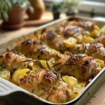 Saftiges Hähnchen mit buntem Gemüse aus dem Ofen.