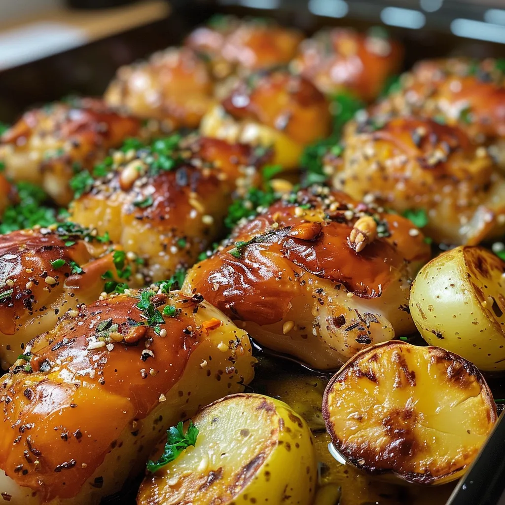 Nahaufnahme von gebratenem Hähnchen mit Kartoffeln und Paprika.