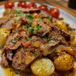 Nahaufnahme des herzhaften Kartoffel-Hack-Auflaufs, mit goldbrauner Käsekruste.